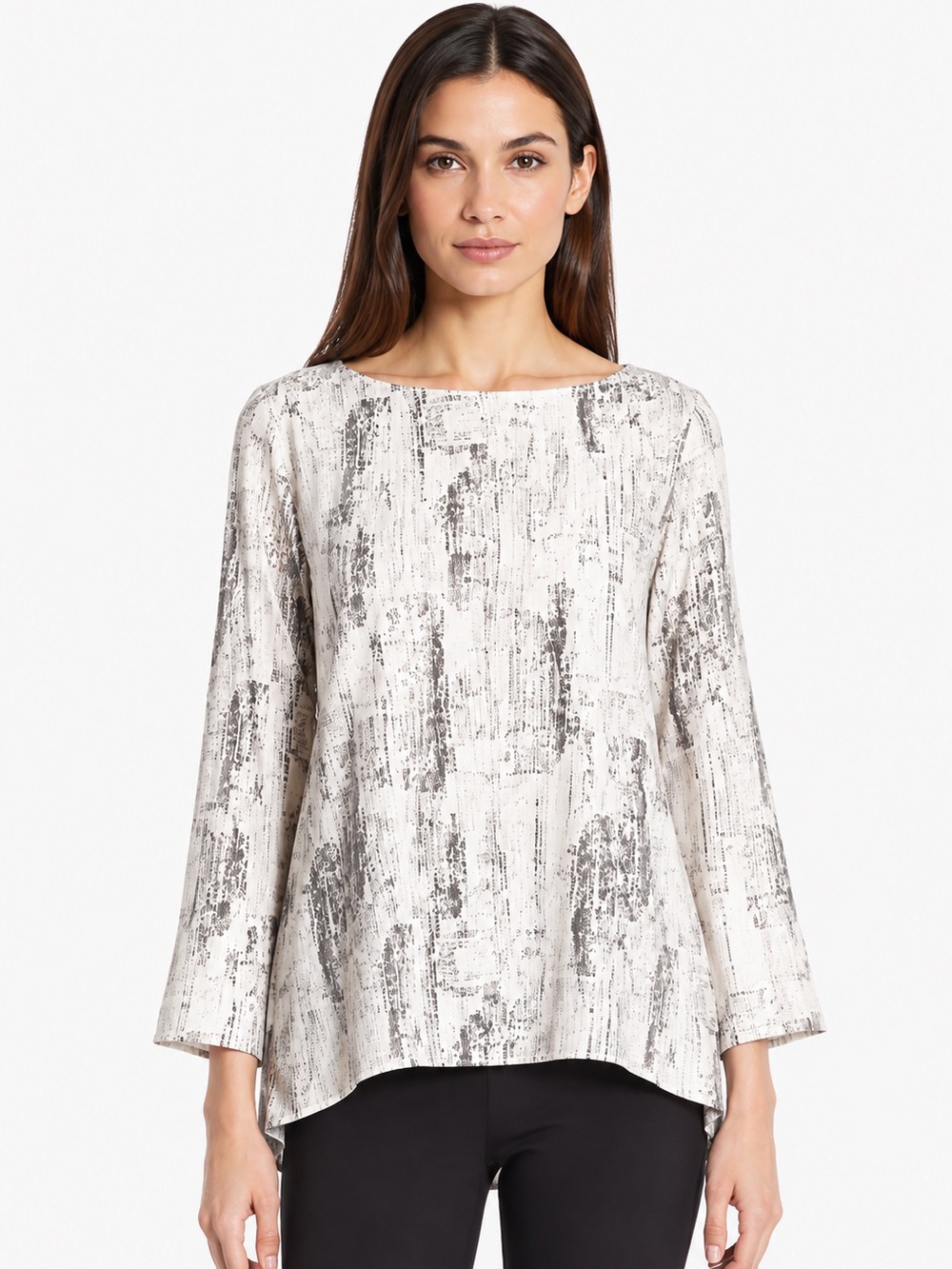NWT Eileen Fisher Abstract Print Tunic Blouse XS Ivory Gray Long Sleeve Top Chic